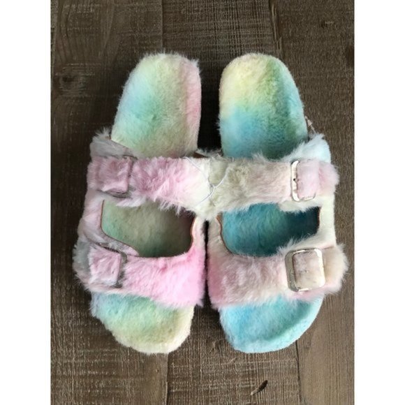 Womens Slippers Double Strap Faux Fur Slippers Double Buckle Open Toe Sandals Si - Picture 3 of 4